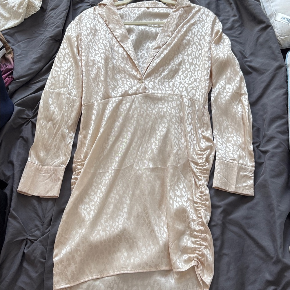 Satin Leopard Print Long Sleeve Dress